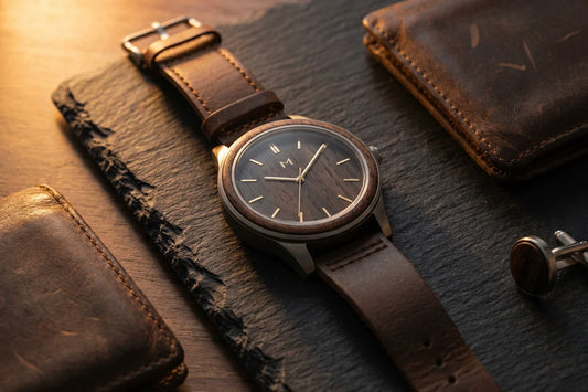 Montre en bois et metal sur ardoise sombre, alliance de deux matieres