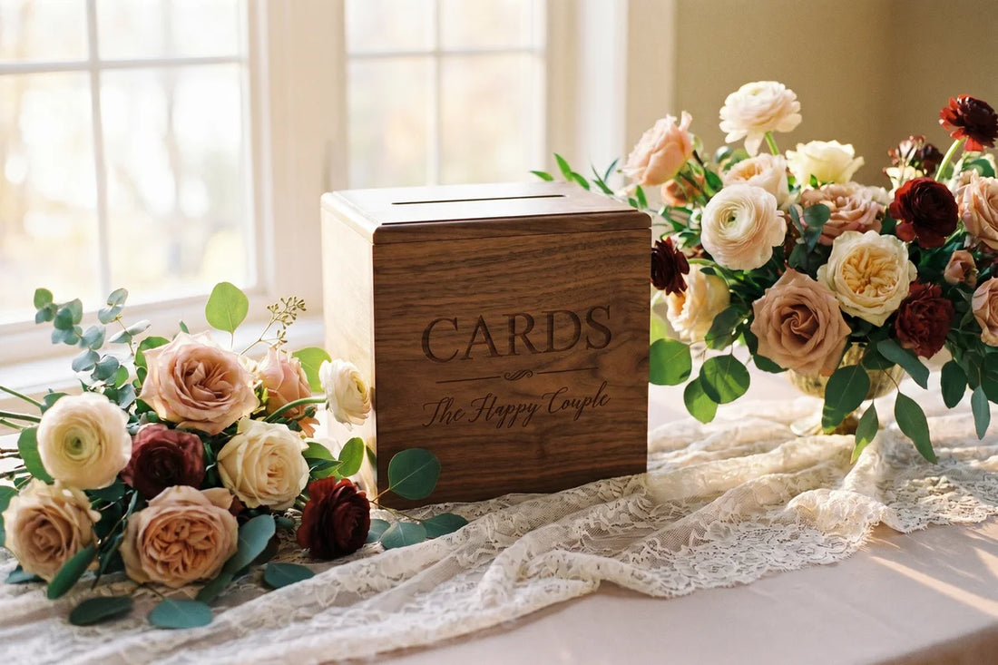 Urne de mariage en bois sur une table decoree de fleurs