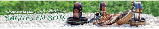 Bannière de la collection Bois Eden présentant plusieurs bagues en bois et alliances en bois posées sur des galets blancs avec fond vert, texte Découvrez la plus grande collection de bagues en bois.