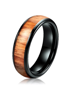 Bague en tungstène noir avec bande centrale en bois de koa clair, modèle Fortune Sim claire
