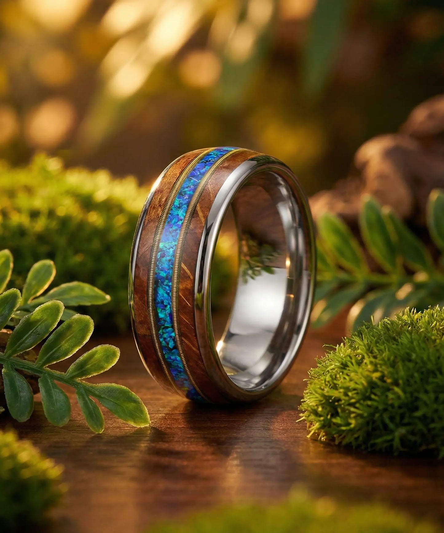 Alliance en bois Ark Nomad Opale argent - mise en scene nature, bague en bois premium