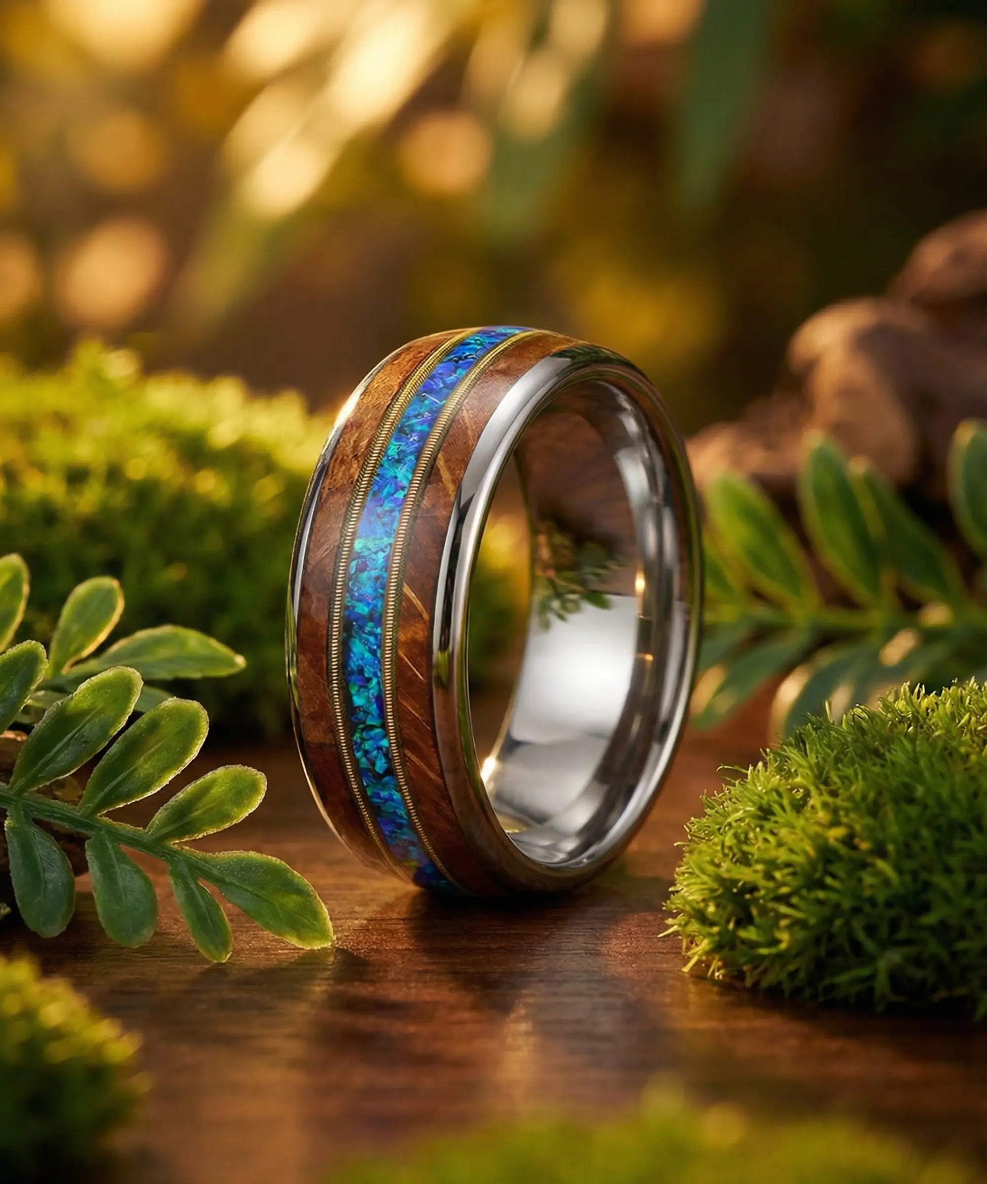 Alliance en bois Ark Nomad Opale argent - mise en scene nature, bague en bois premium