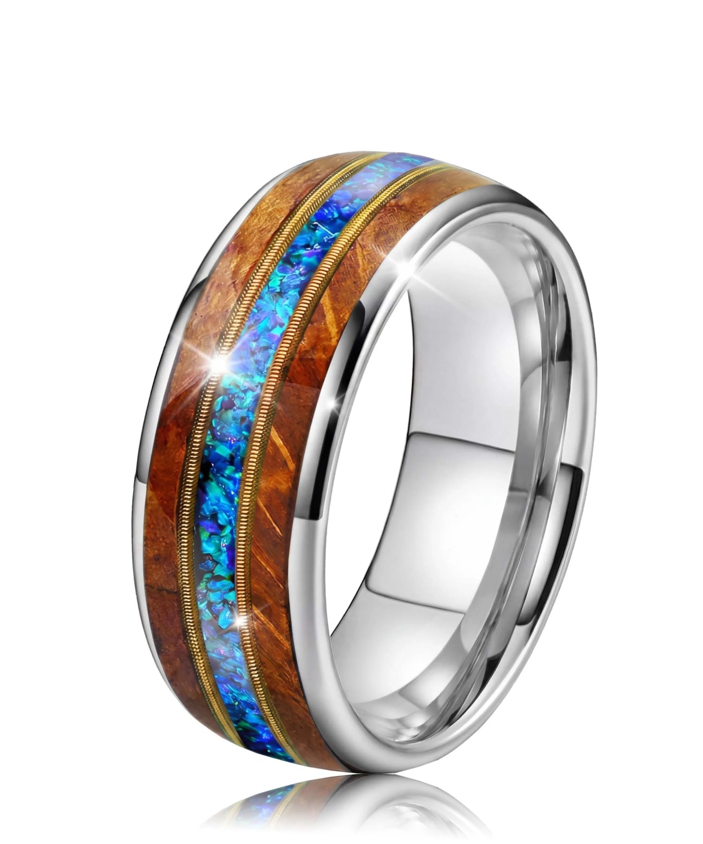 Alliance en bois Ark Nomad Opale argent sur fond blanc, photo e-commerce produit