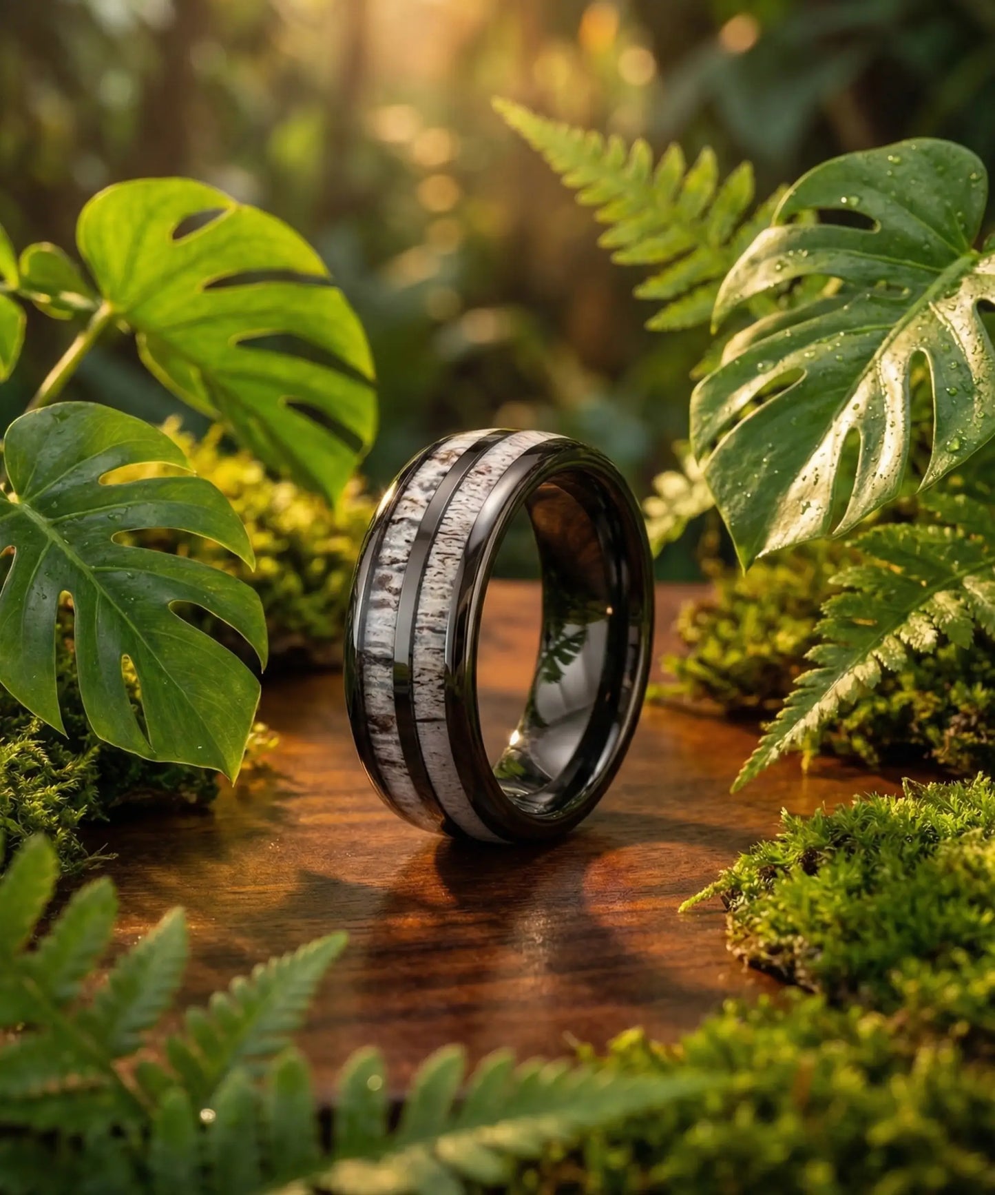 Alliance en bois Dornak argent 8 mm - mise en scene nature, bague en bois premium