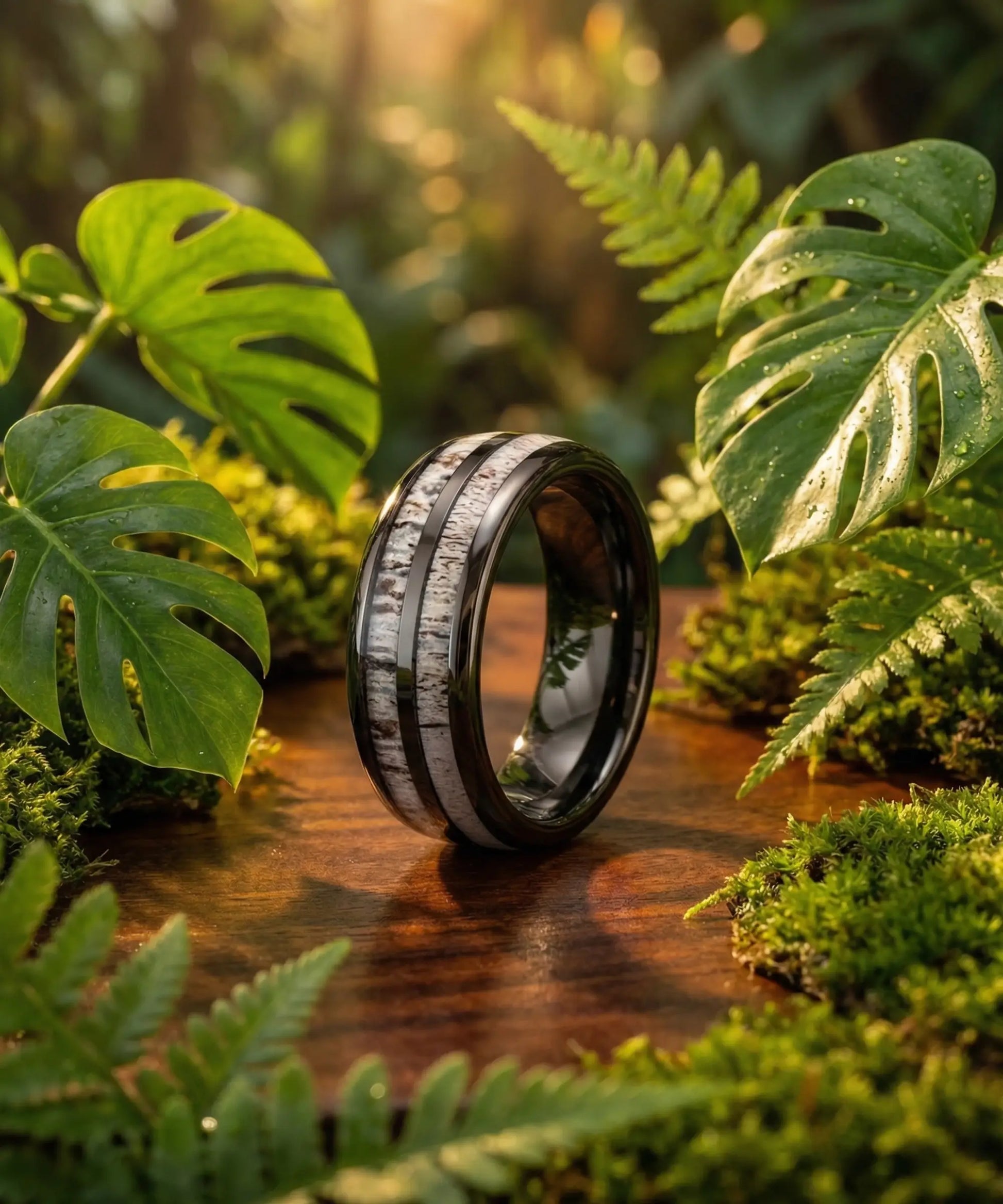 Alliance en bois Dornak argent 8 mm - mise en scene nature, bague en bois premium