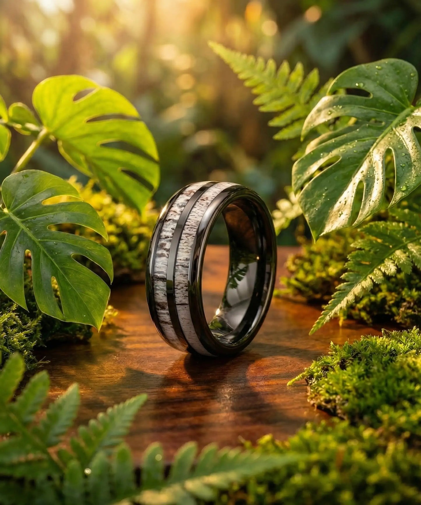 Alliance en bois Dornak Kova noire - mise en scene nature, bague en bois premium