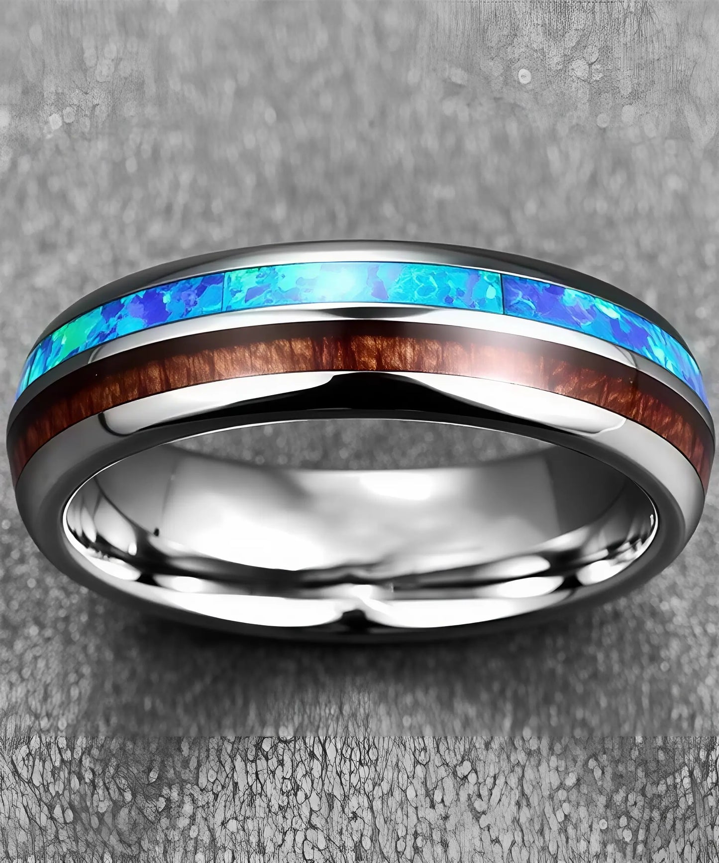 Alliance Valnum en bois de koa et opale bleue, sertie dans un anneau en tungstène poli, bijou élégant et moderne pour mariage ou fiançailles