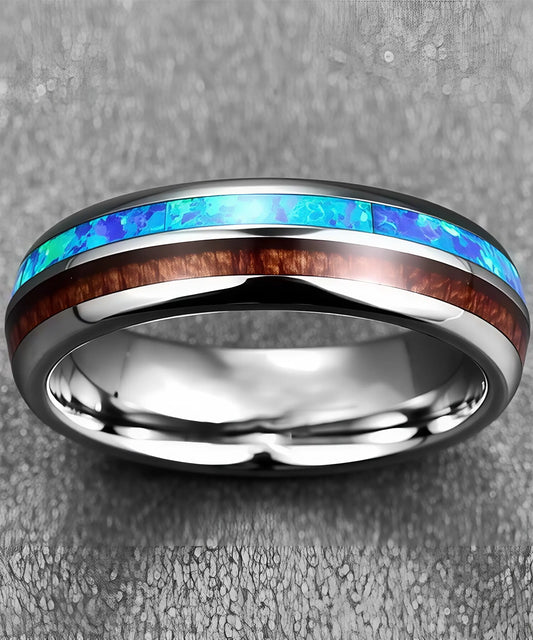 Alliance Valnum en bois de koa et opale bleue, sertie dans un anneau en tungstène poli, bijou élégant et moderne pour mariage ou fiançailles