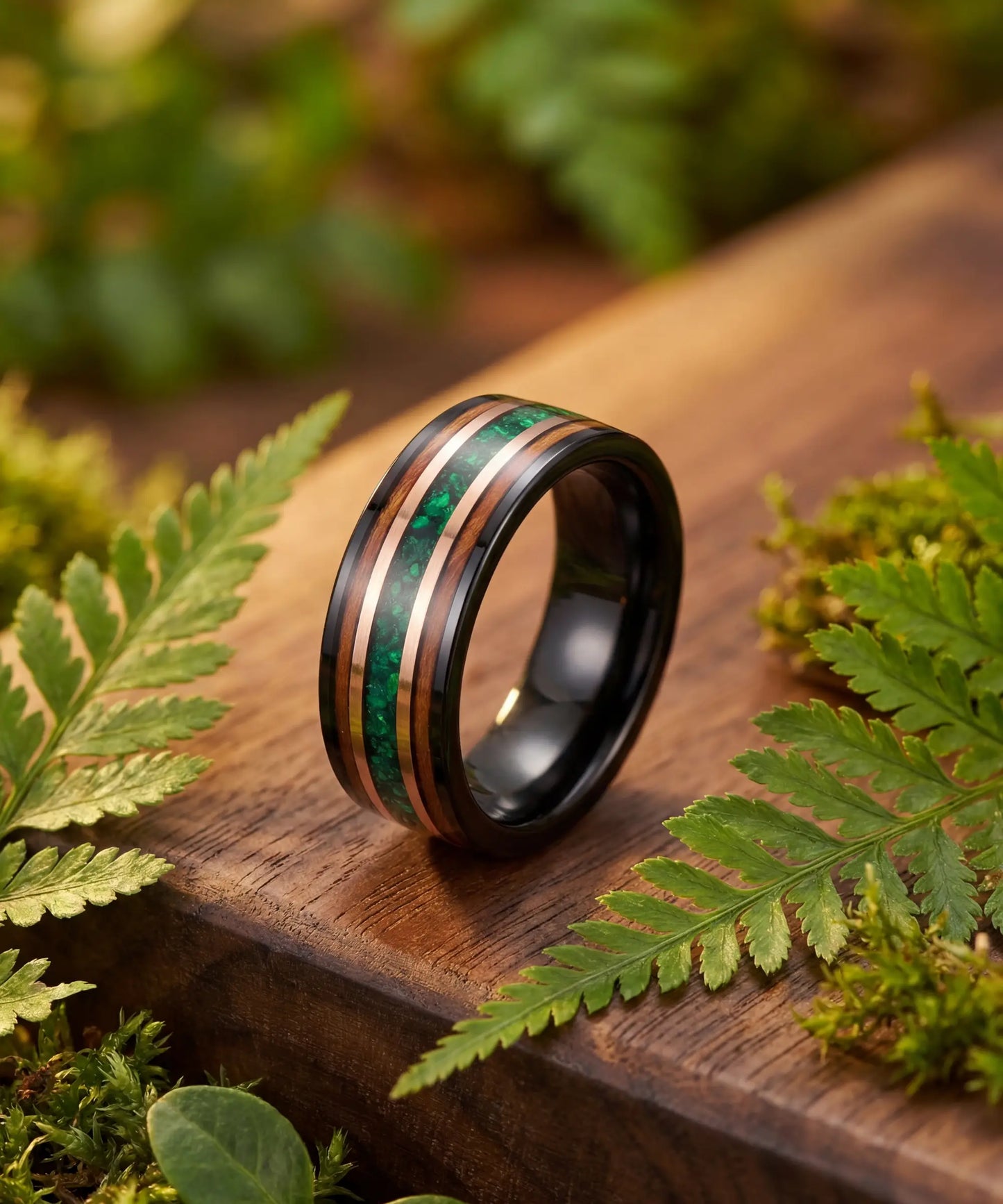 Bague en bois Ark Nomad opale posee sur bois tropical avec fougeres vertes, alliance bois tungstene opale
