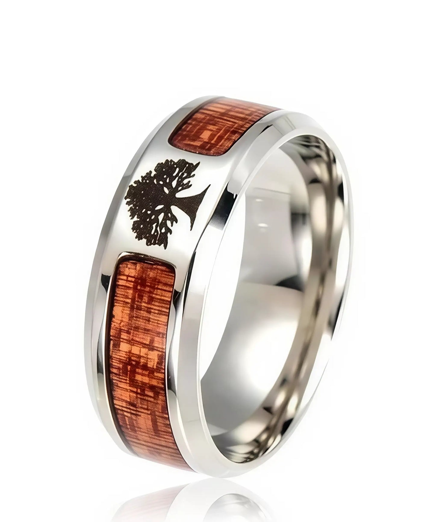 Bague en bois avec incrustation d'acier inoxydable 316L et motif gravé Arbre de Vie, design élégant et symbolique