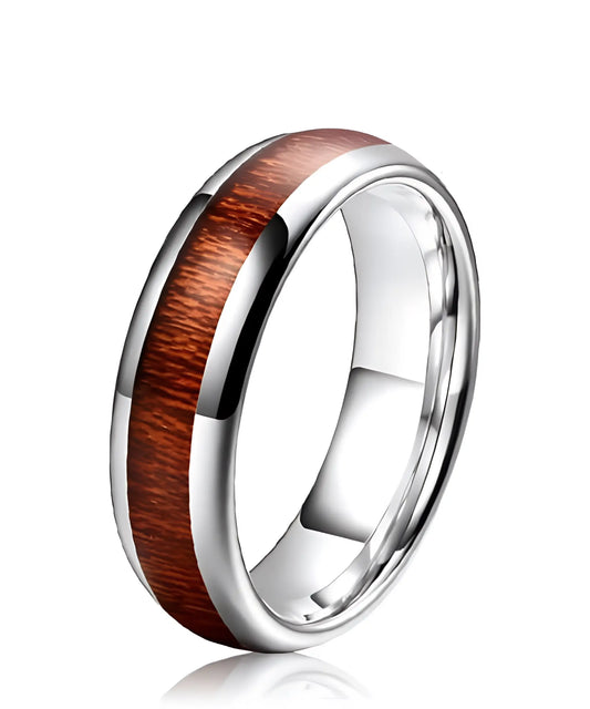 Bague en bois et argent Elior Klimt, alliance élégante en tungstène argenté avec incrustation de bois raffiné, au design moderne et intemporel.