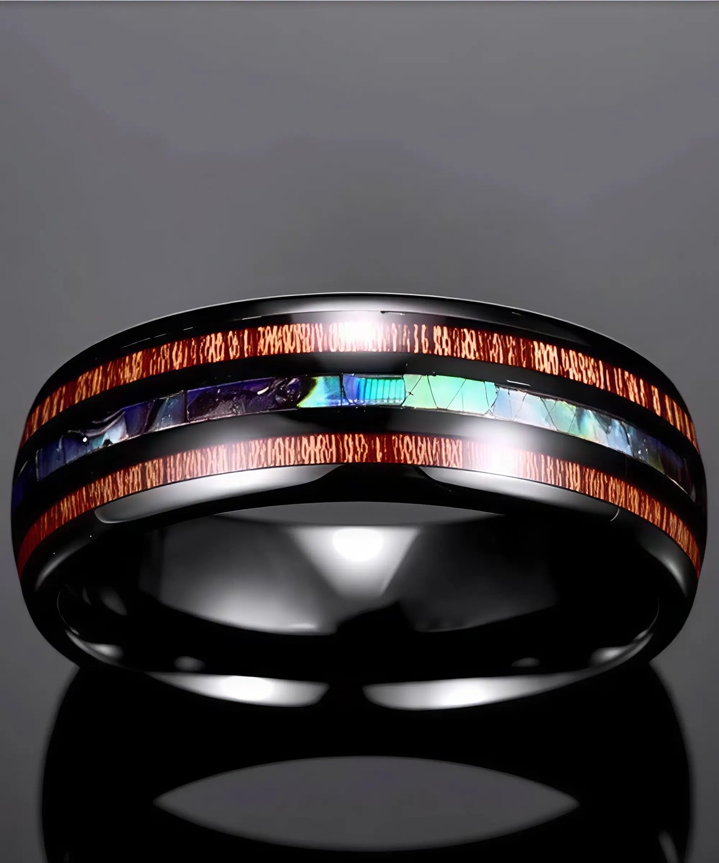 Bague Ark noire en tungstène, incrustée de deux bandes de bois de koa et d’une multicolore centrale, finition polie brillante – anneau 8 mm
