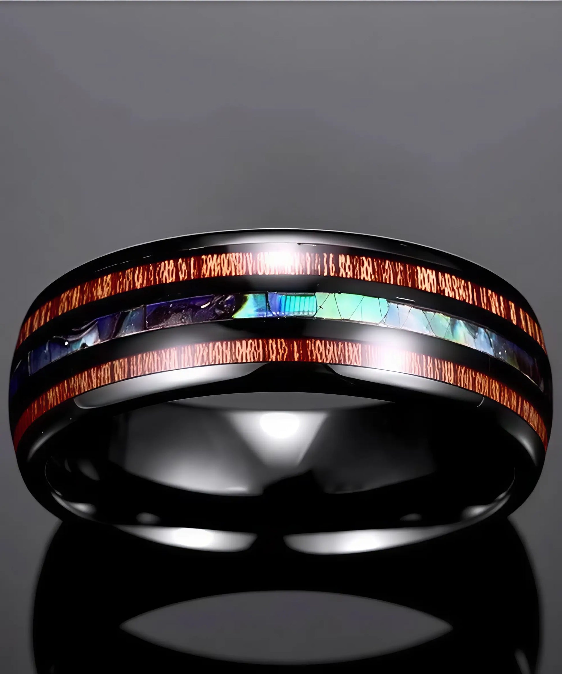Bague Ark noire en tungstène, incrustée de deux bandes de bois de koa et d’une multicolore centrale, finition polie brillante – anneau 8 mm