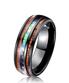 Bague en bois Ark noire en tungstène, deux incrustations de bois de koa encadrant une bande centrale multicolore, finition noire polie – alliance 8 mm