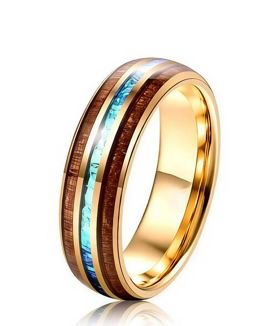 Bague en bois Ark en or jaune avec incrustation turquoise et reflets brillants