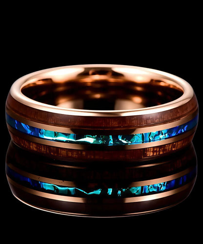 Bague en bois Ark en or rose avec incrustation turquoise lumineuse et reflets bleu-vert