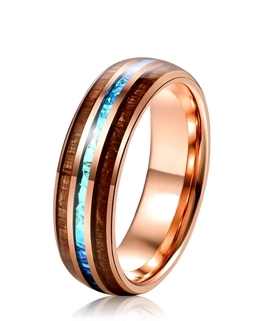 Bague en bois Ark en or rose avec incrustation turquoise et finitions élégantes