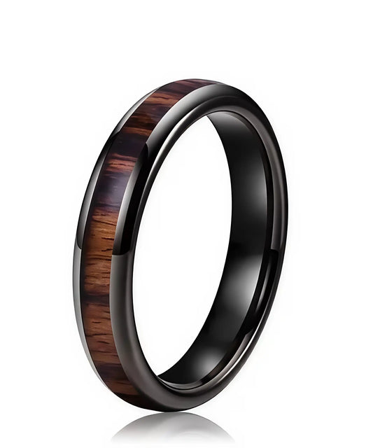 Bague en bois Couple Elior Tana noire en tungstène avec incrustation élégante de bois sombre, design moderne et raffiné pour homme ou femme