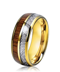 Bague Duo d’Eden en tungstène doré, ornée d’une bande en bois de koa naturel et d’une incrustation argentée texturée, alliance élégante et durable