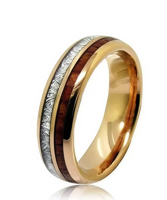 Bague en bois Duo d'Eden Sim or avec incrustation de bois de koa et motif effet météorite sur anneau en tungstène doré