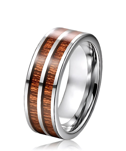 Bague en tungstène et bois de koa Duo Primordial Adam, design élégant à deux bandes de bois, alliance robuste et intemporelle.