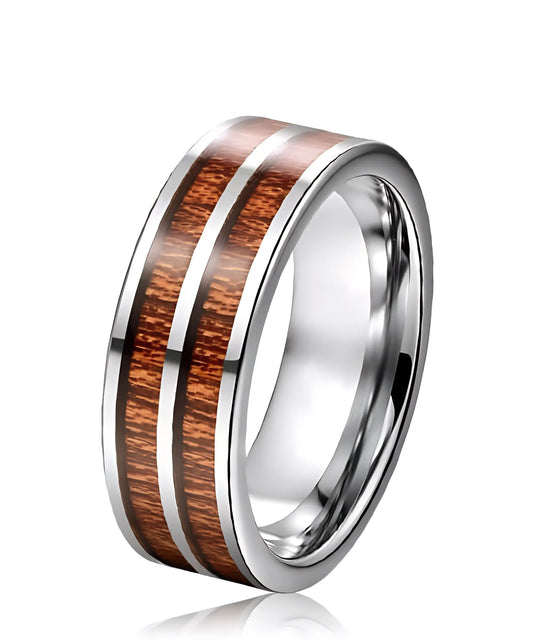 Bague en tungstène et bois de koa Duo Primordial Adam, design élégant à deux bandes de bois, alliance robuste et intemporelle.