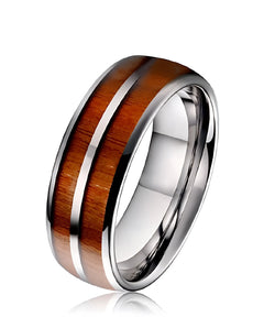 Bague en bois Duo Primordial Ève en tungstène argenté avec double incrustation de bois naturel, design élégant et intemporel
