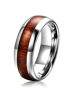 Bague en bois Elior Dim argent en tungstène avec incrustation de bois de koa naturel et finition argentée polie, alliance élégante et durable