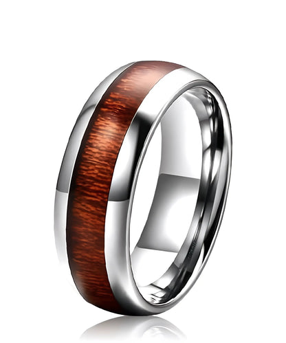 Bague en bois Elior Dim argent en tungstène avec incrustation de bois de koa naturel et finition argentée polie, alliance élégante et durable