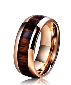 Bague en bois Elior Révo avec incrustation en bois de koa sombre et finition métallique rose doré, design élégant et raffiné