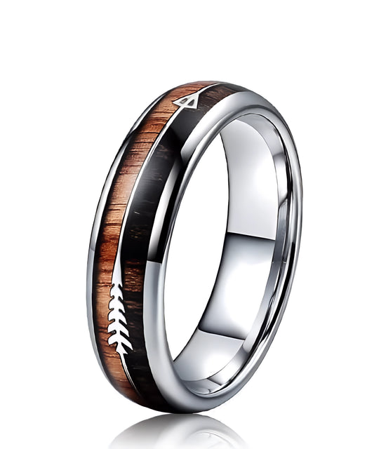 bague en bois Flèche de Cupidon Argent Passion Sim, alliance élégante en tungstène argenté avec incrustation de bois et motif de flèche