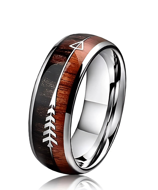 Bague en bois Flèche de Cupidon argent Passion en tungstène et bois de koa, avec motif flèche symbolique
