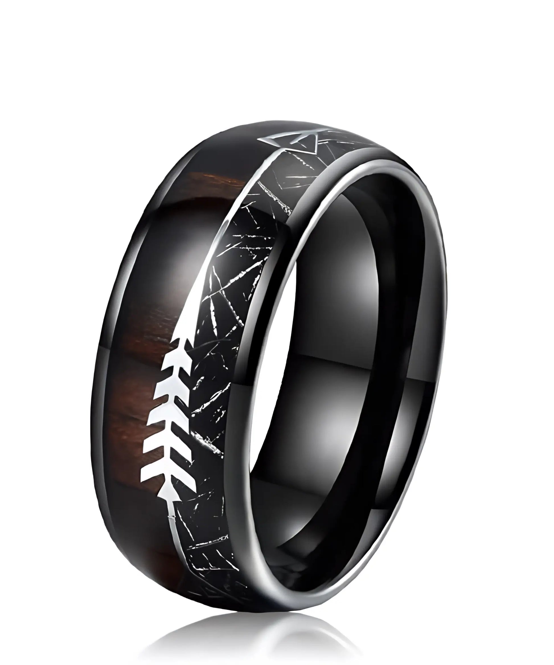 Bague Flèche de Cupidon noire Caprice en bois et tungstène noir, incrustation élégante avec motif flèche argentée, anneau moderne et raffiné.
