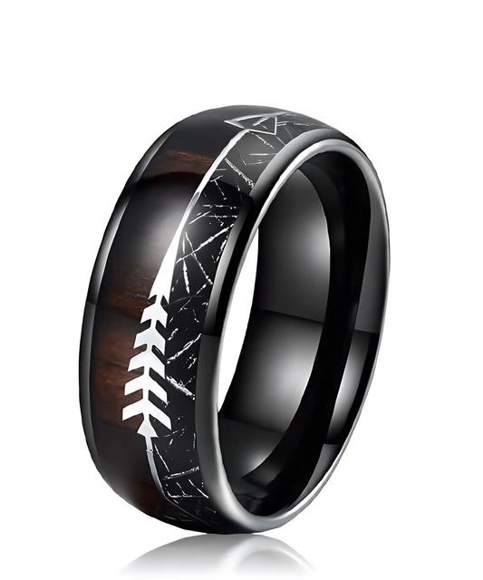 Bague Flèche de Cupidon noire Caprice en bois et tungstène noir, incrustation élégante avec motif flèche argentée, anneau moderne et raffiné.