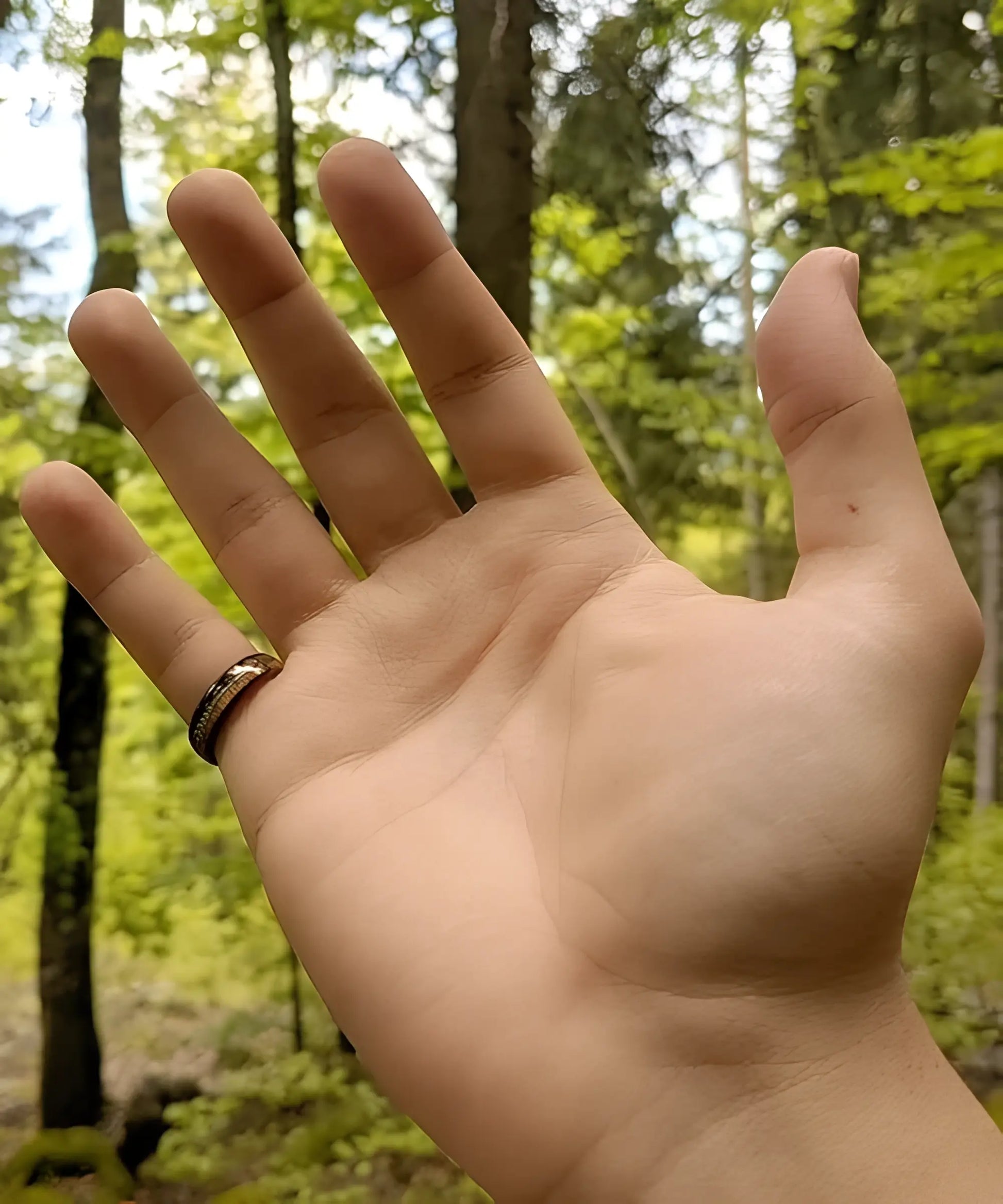Bague en bois Flèche de Cupidon noire Passion Sim 6 mm, anneau en tungstène noir avec incrustation de bois de koa et flèche argentée, portée à la main en extérieur dans une forêt.