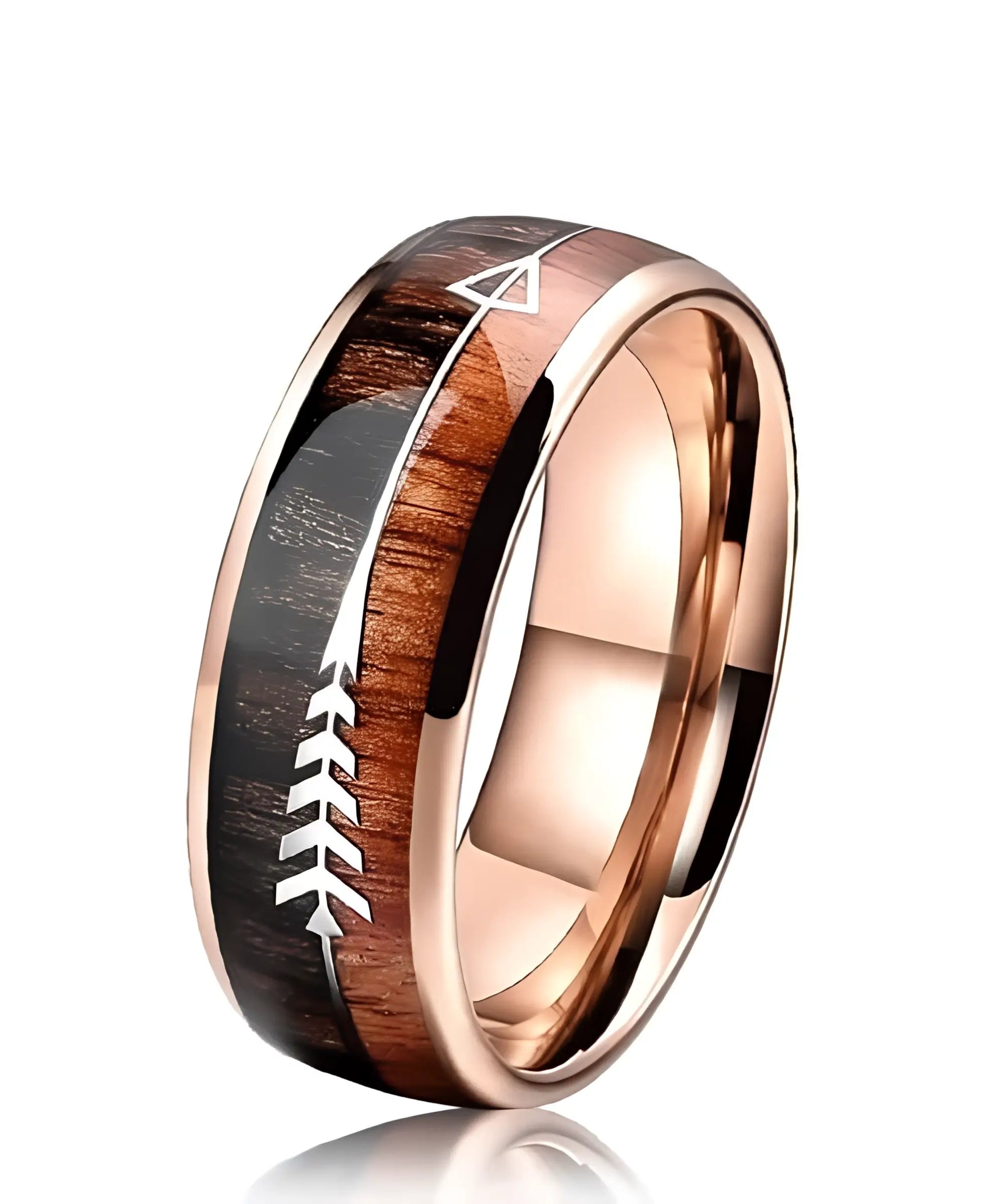 Bague en bois Flèche de Cupidon Rose Passion en tungstène doré rose, incrustée de bois naturel et décorée d’une flèche symbolisant l’amour et la passion éternelle