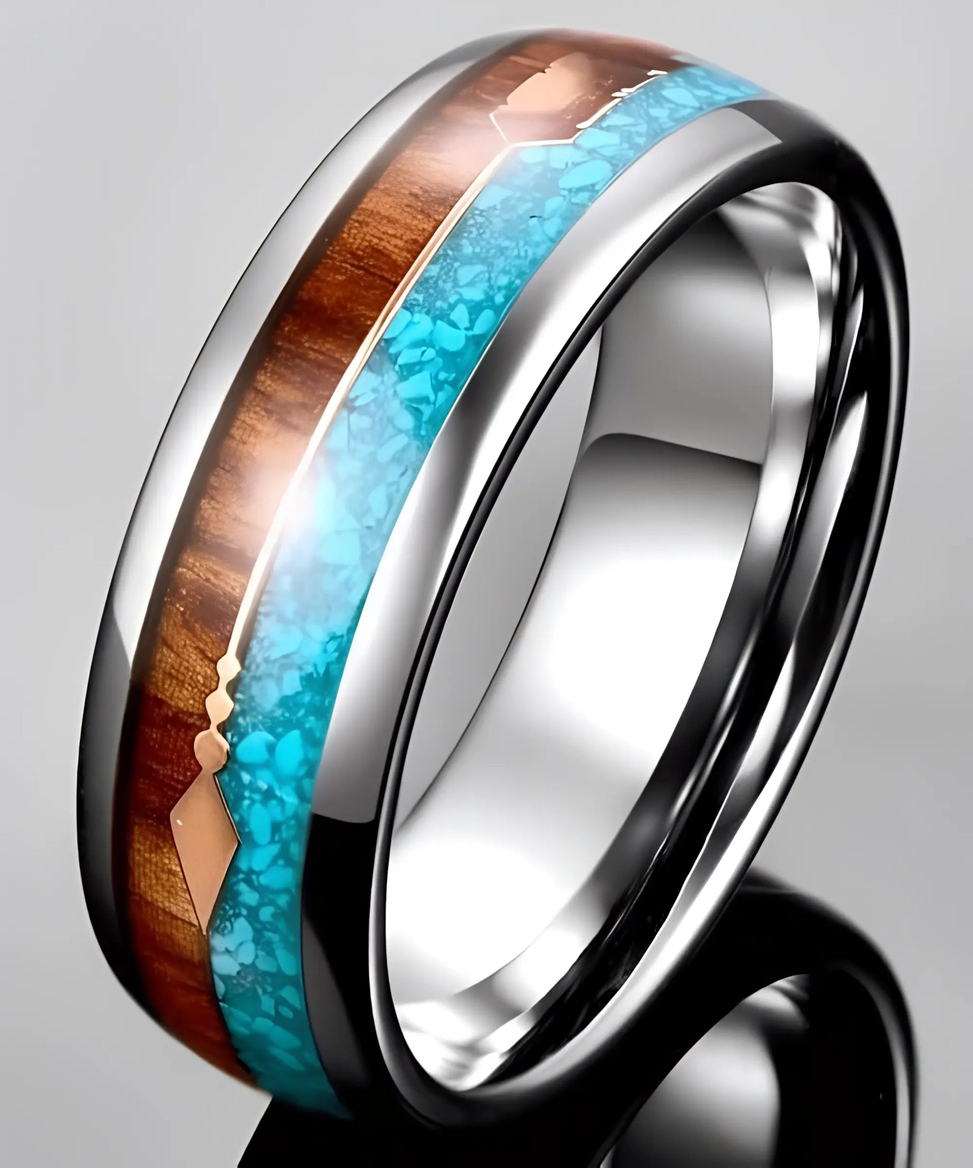 Bague en bois Flèche de Cupidon Terre et Mer en tungstène argenté, ornée d’une flèche cuivrée, d’une bande en bois de koa et d’une incrustation turquoise éclatante