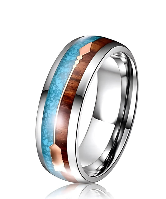 Bague en bois Flèche de Cupidon Terre et Mer en tungstène argenté, incrustée de bois de koa et de turquoise bleue, avec motif flèche
