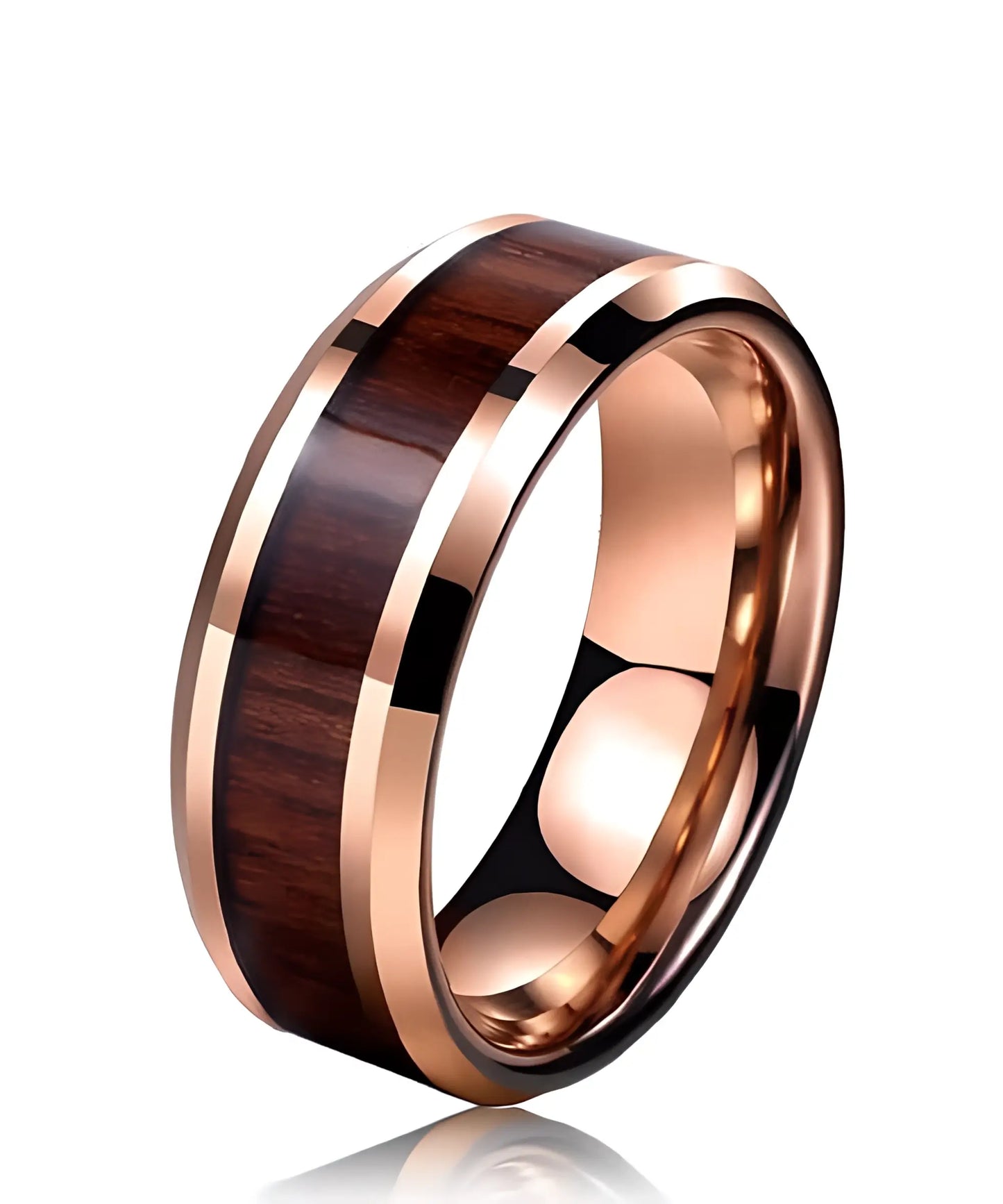 Bague en bois de koa avec anneau en tungstène or rose, élégante et moderne.
