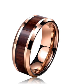 Bague en bois de koa avec anneau en tungstène or rose, élégante et moderne.
