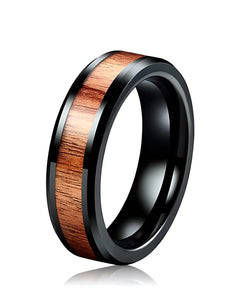 Bague en bois Fortune Sim noire en tungstène, alliance moderne avec insert de bois naturel et finition noire élégante