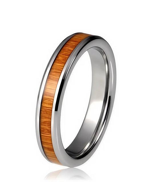 Bague en tungstène avec incrustation de bois clair Fortune Tana et finition argentée, design élégant et moderne.