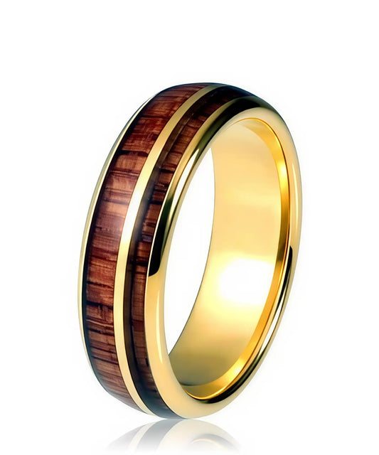 Bague Gemini or en bois de koa et tungstène doré, anneau élégant et raffiné