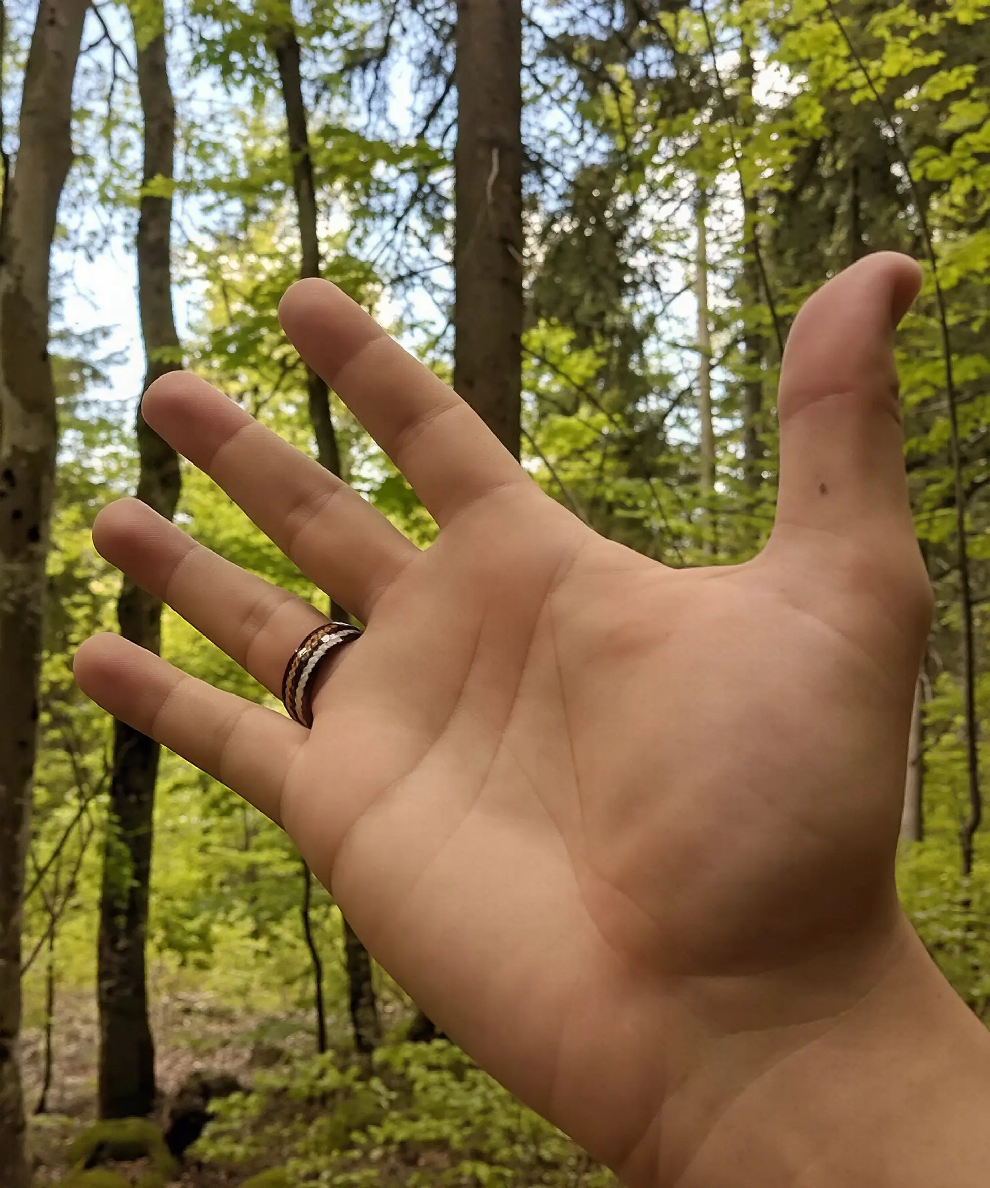 Bague en bois homme Duo d’Eden portée en forêt, alliance noire et bois exotique avec motif argenté