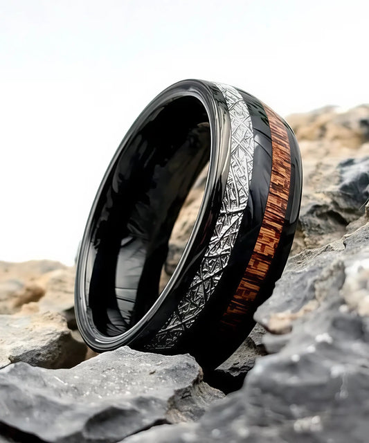 Bague en bois homme Duo d’Eden noir profond avec incrustation bois exotique et motif argenté géométrique