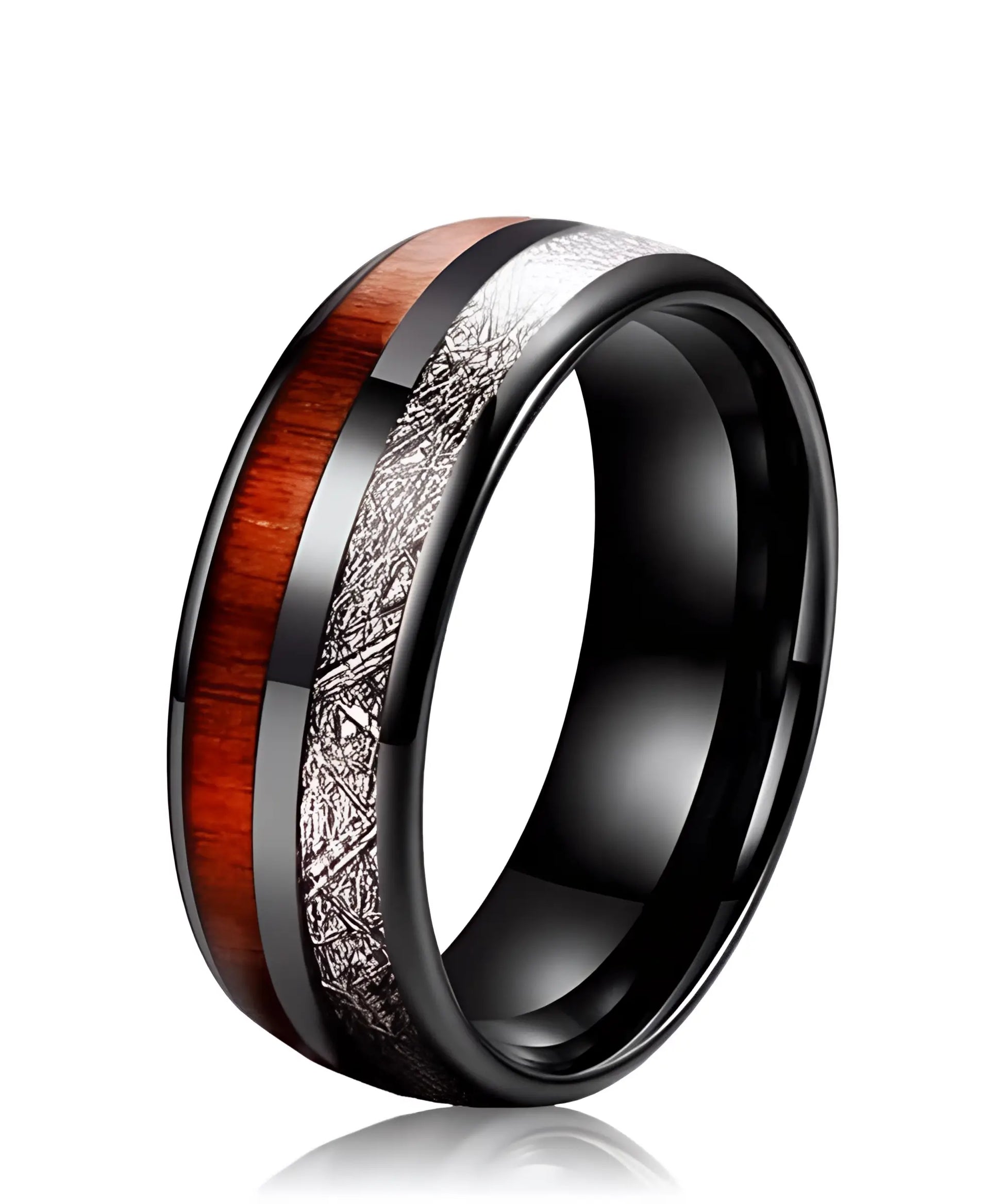 Bague en bois pour homme Duo d’Eden noir profond avec incrustation bois naturel et détails argentés