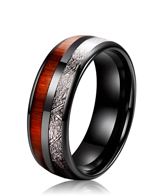 Bague en bois pour homme Duo d’Eden noir profond avec incrustation bois naturel et détails argentés
