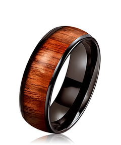 Bague en bois Ouranos noire en tungstène, anneau élégant avec incrustation de bois naturel et finition sombre moderne