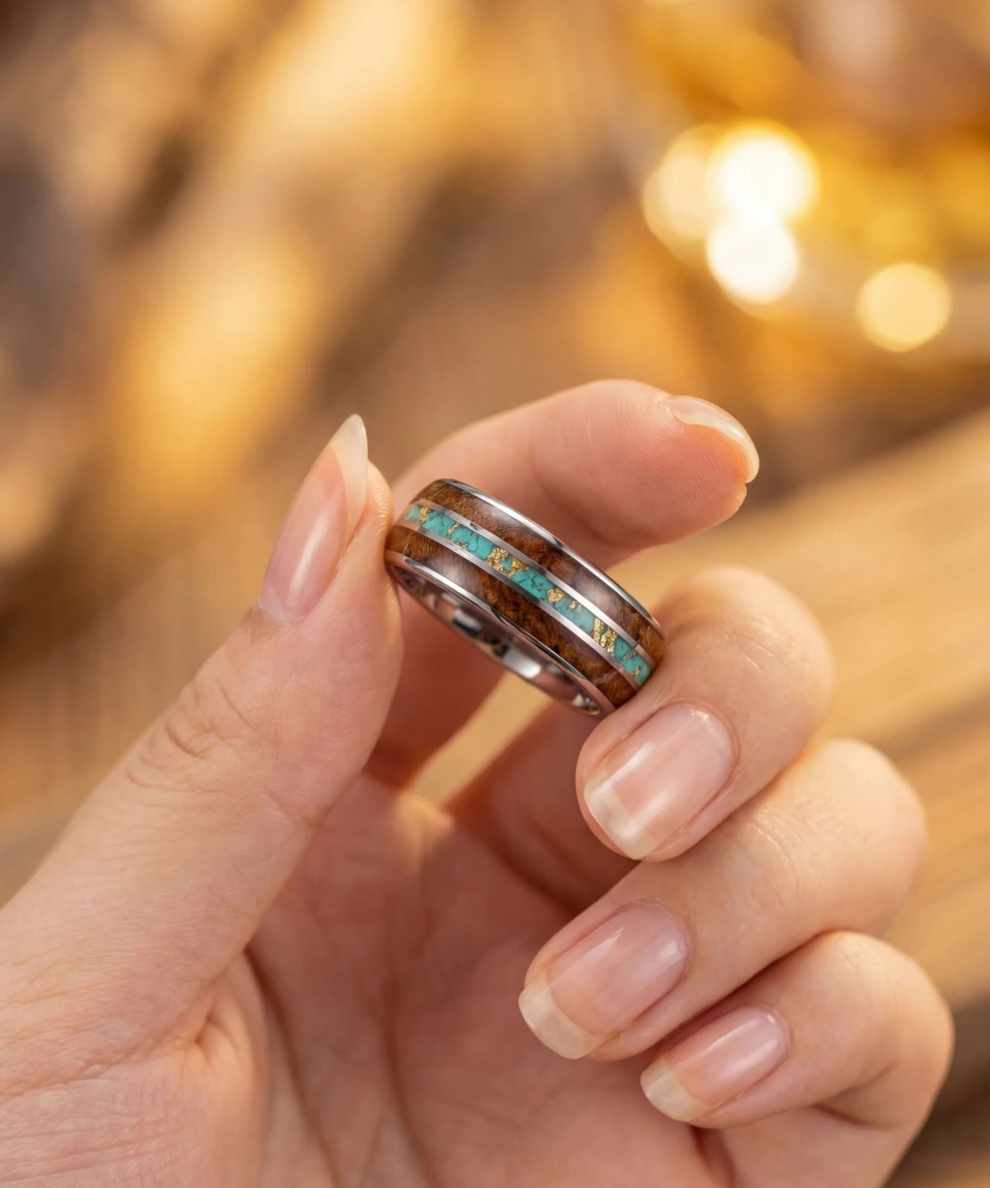 Main tenant une bague en bois et tungstène avec incrustation bleue finition brillante