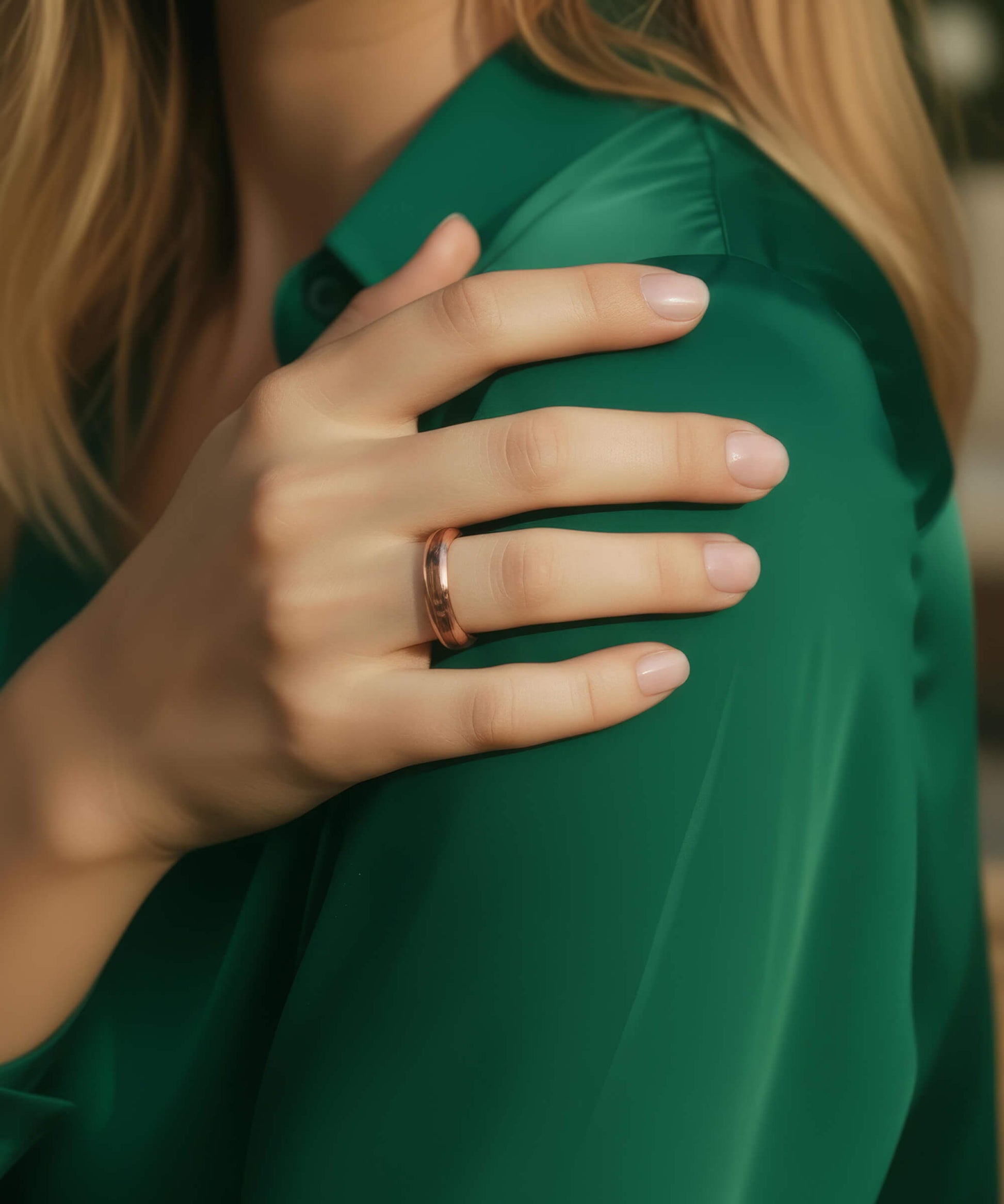 Main féminine posée sur l’épaule, portant la bague Elior Rose en bois et métal doré, sur fond de chemise verte satinée.